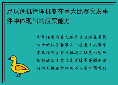 足球危机管理机制在重大比赛突发事件中体现出的应变能力
